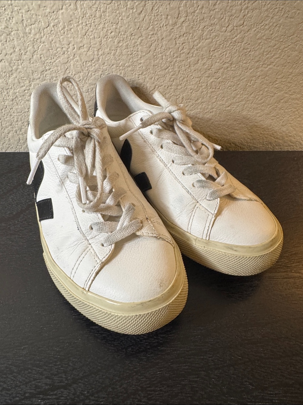 Veja’s Women's White Low-Top Leather Sneakers with Black Accent Size 6